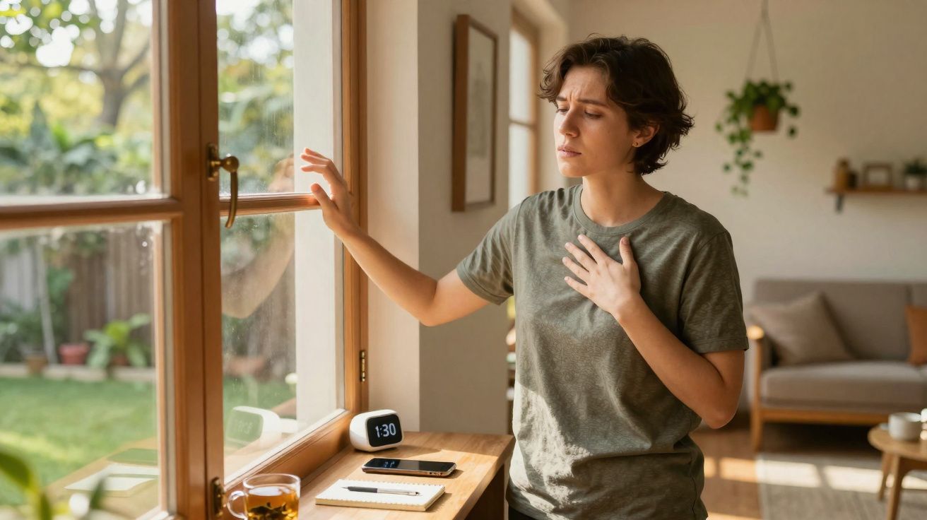 Pessoa em casa sentindo desconforto no peito enquanto olha para a janela numa manhã iluminada.