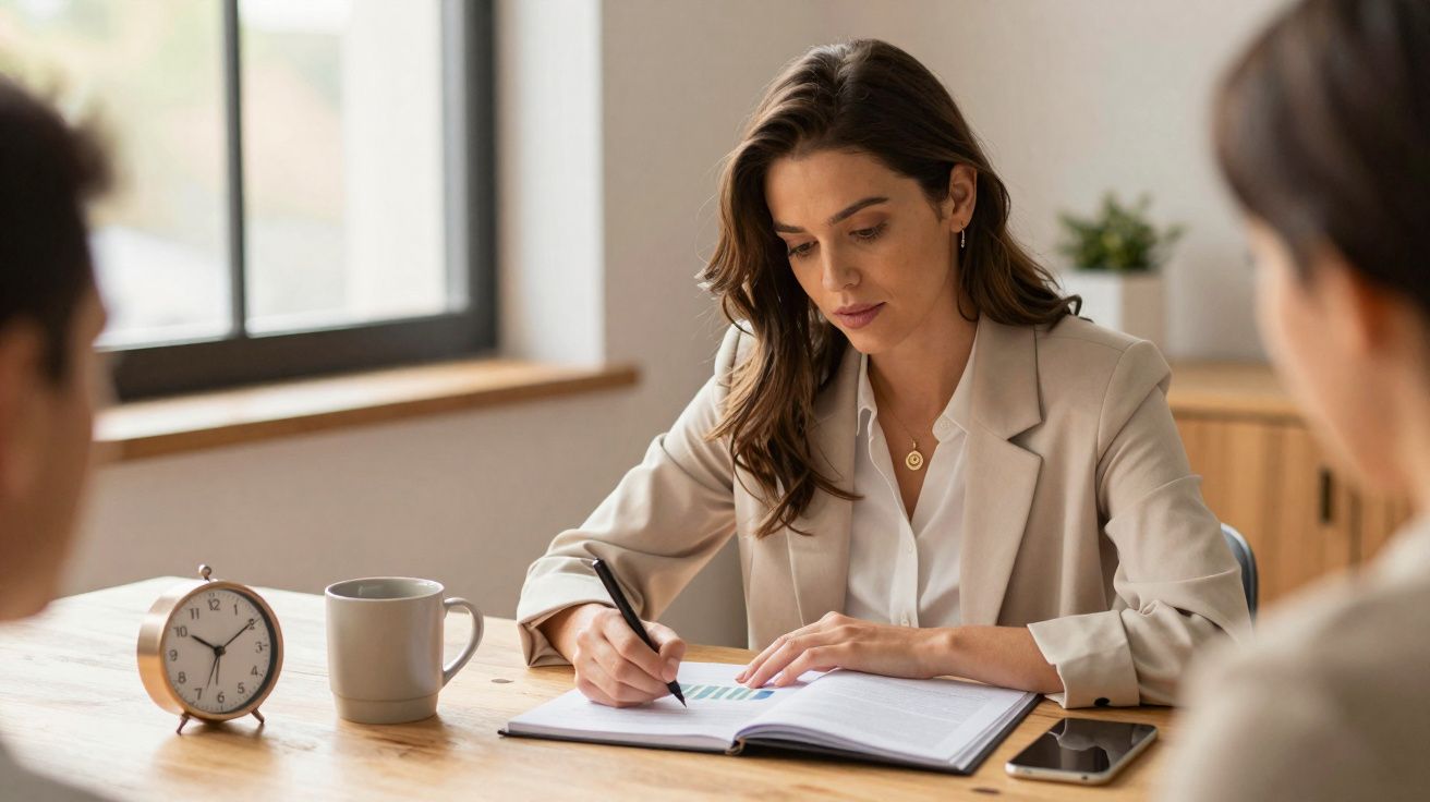 Mulher vestida formalmente a escrever num caderno durante reunião numa sala iluminada e moderna.