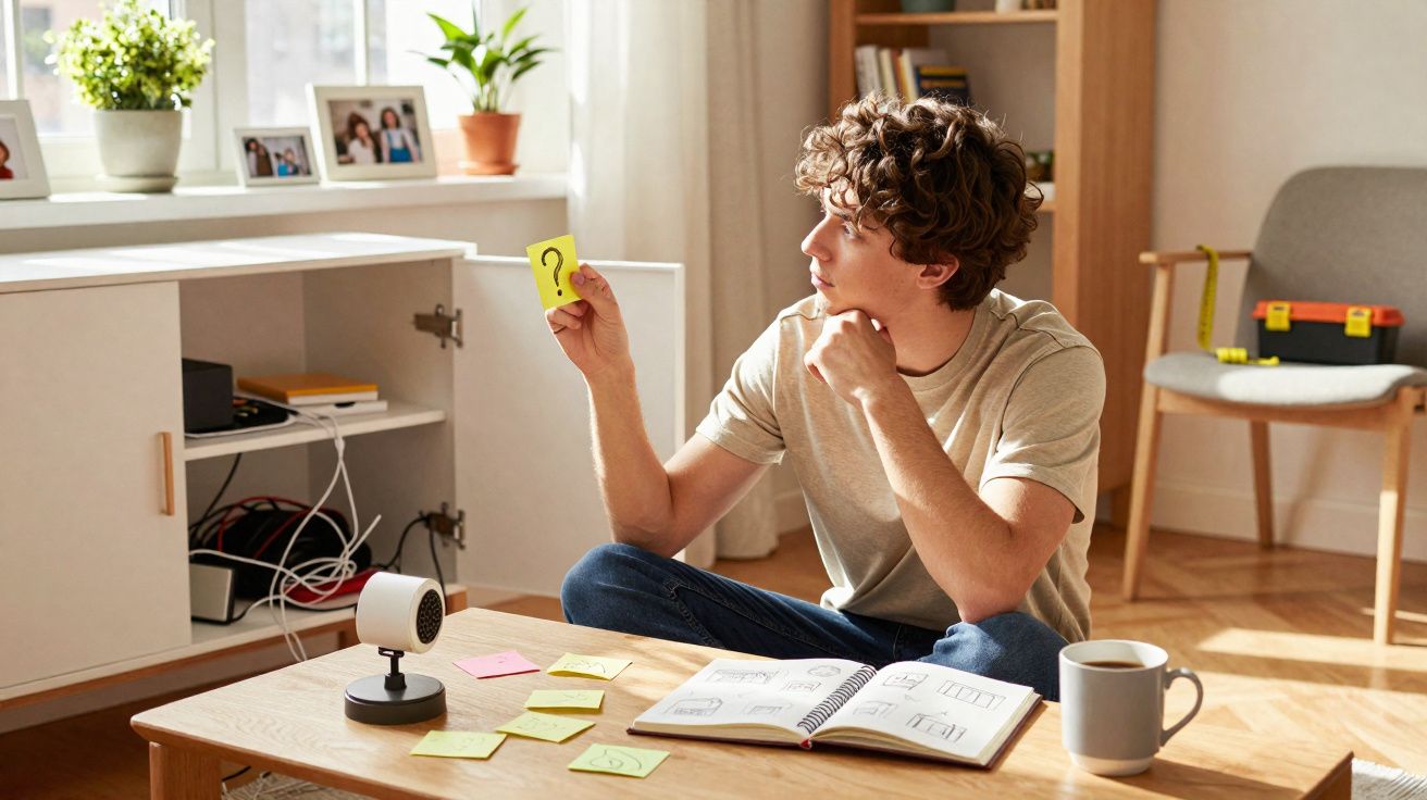 Jovem sentado no chão a planear projetos com notas autocolantes e caderno numa sala iluminada.