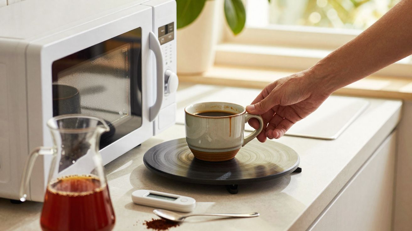 Mão a segurar chávena de café sobre balança digital na cozinha com micro-ondas e jarro de vidro.