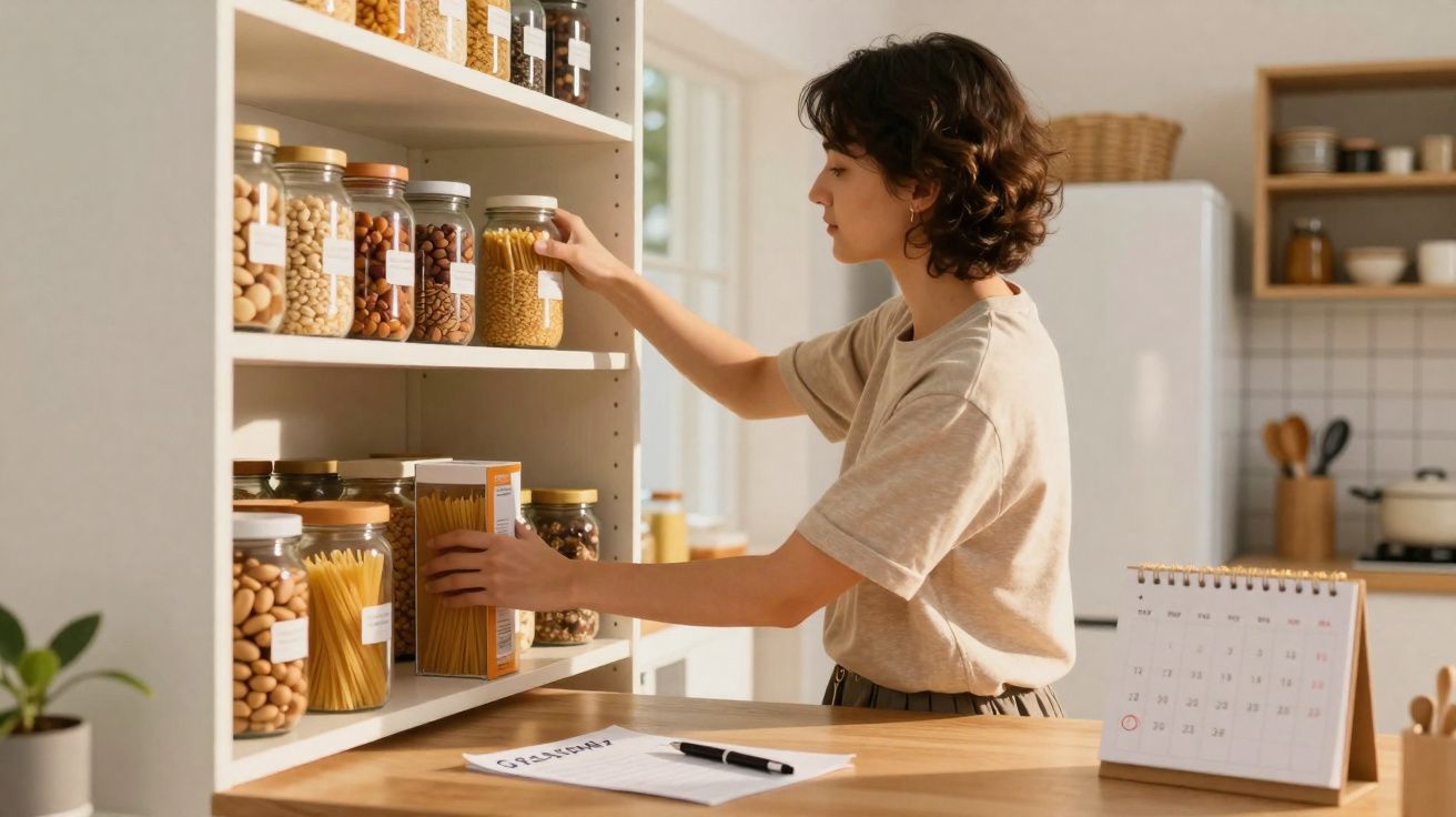 Mulher organizando frascos com alimentos secos numa despensa luminosa e arrumada numa cozinha moderna.