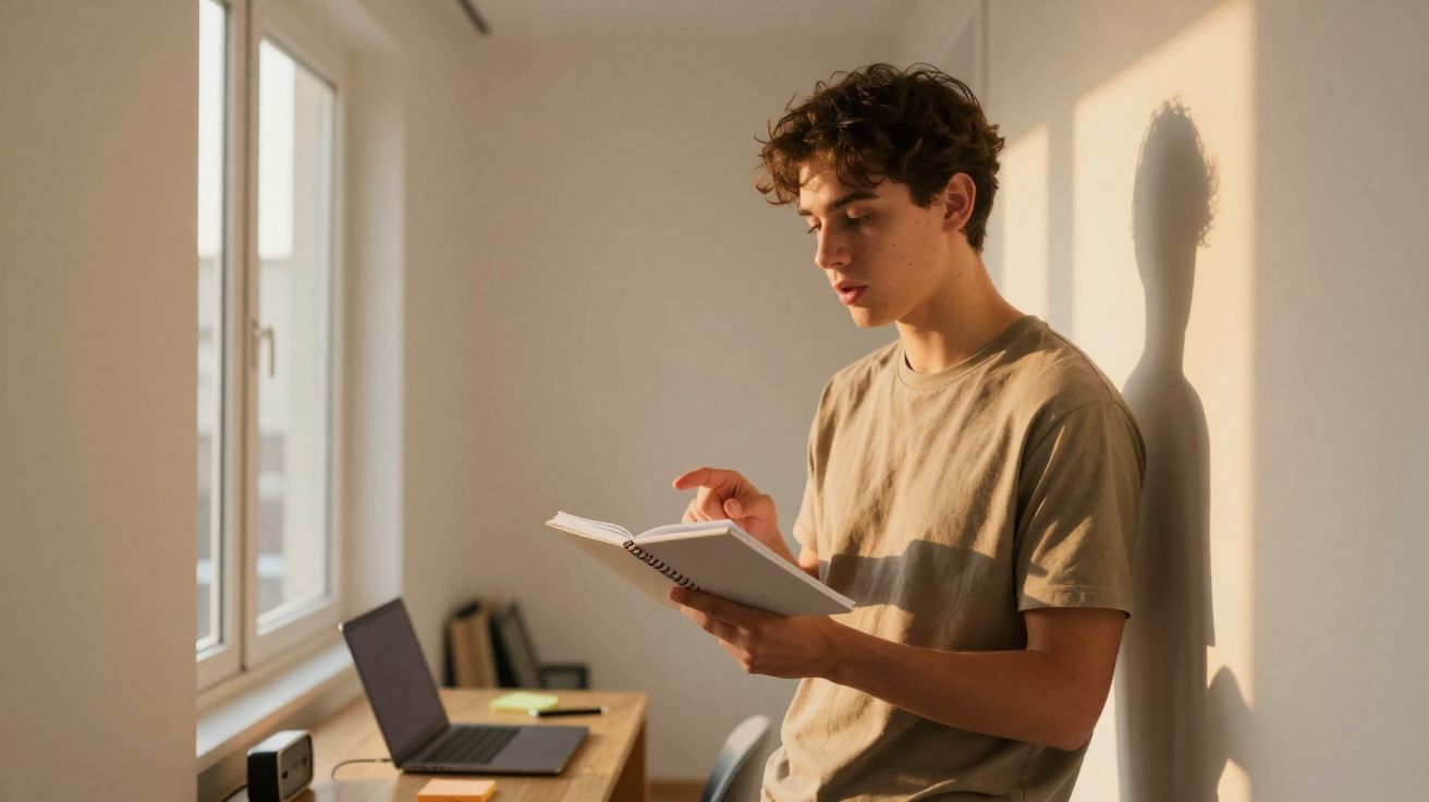 Jovem lê um caderno encostado a uma parede iluminada pelo sol numa divisão com secretária e computador portátil.