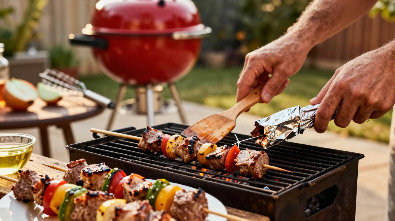 Pessoa a virar espetadas de carne e legumes numa churrasqueira preta ao ar livre com grelha vermelha ao fundo.