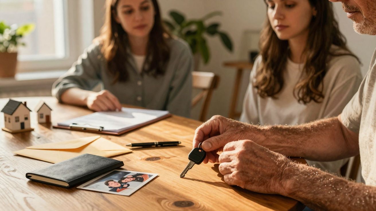 Pessoa a entregar chave na mesa com contrato, miniaturas de casas e duas mulheres a observar.