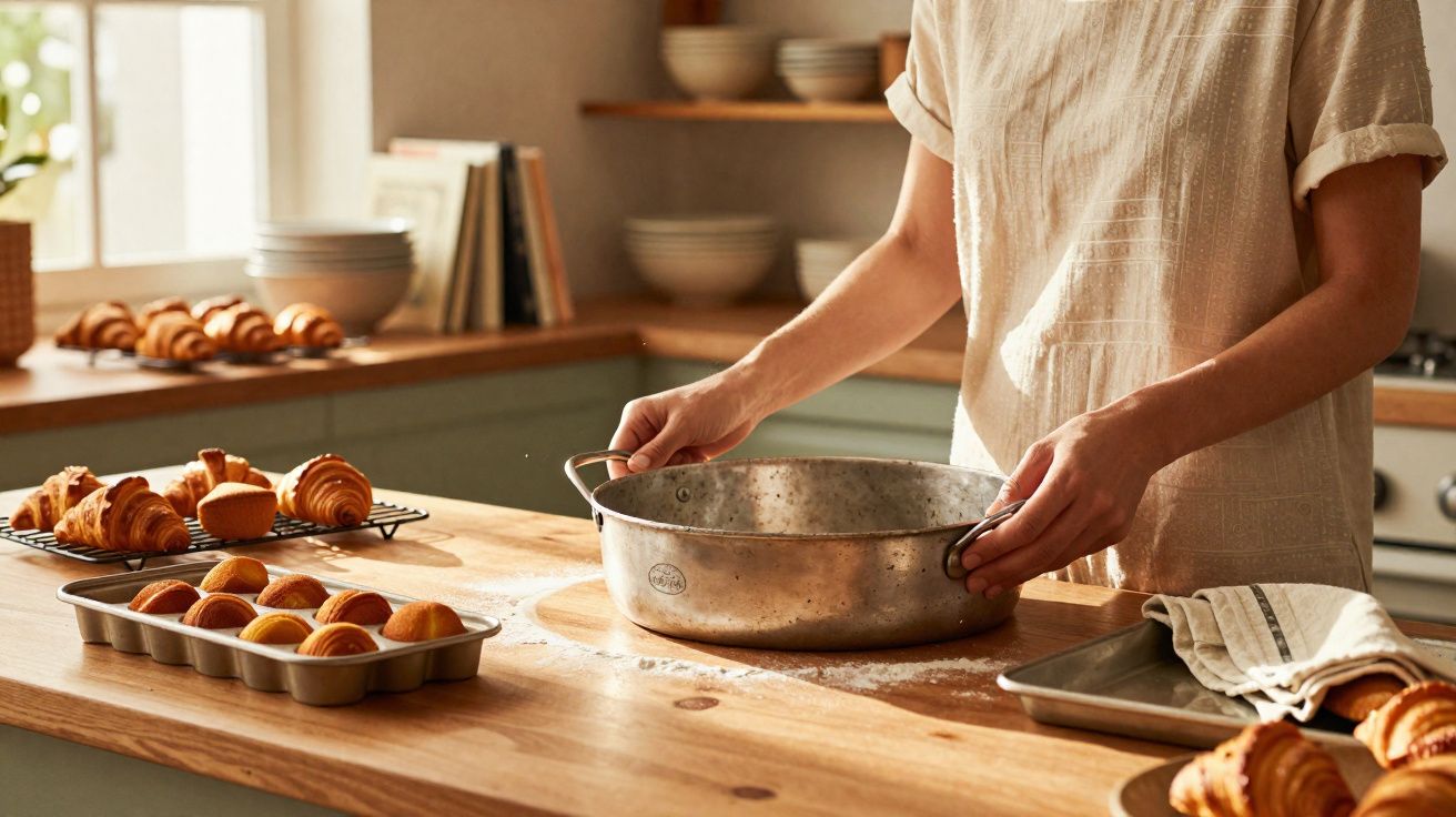 Pessoa a segurar forma metálica de forno numa cozinha com diferentes tipos de pastelaria sobre a bancada de madeira.