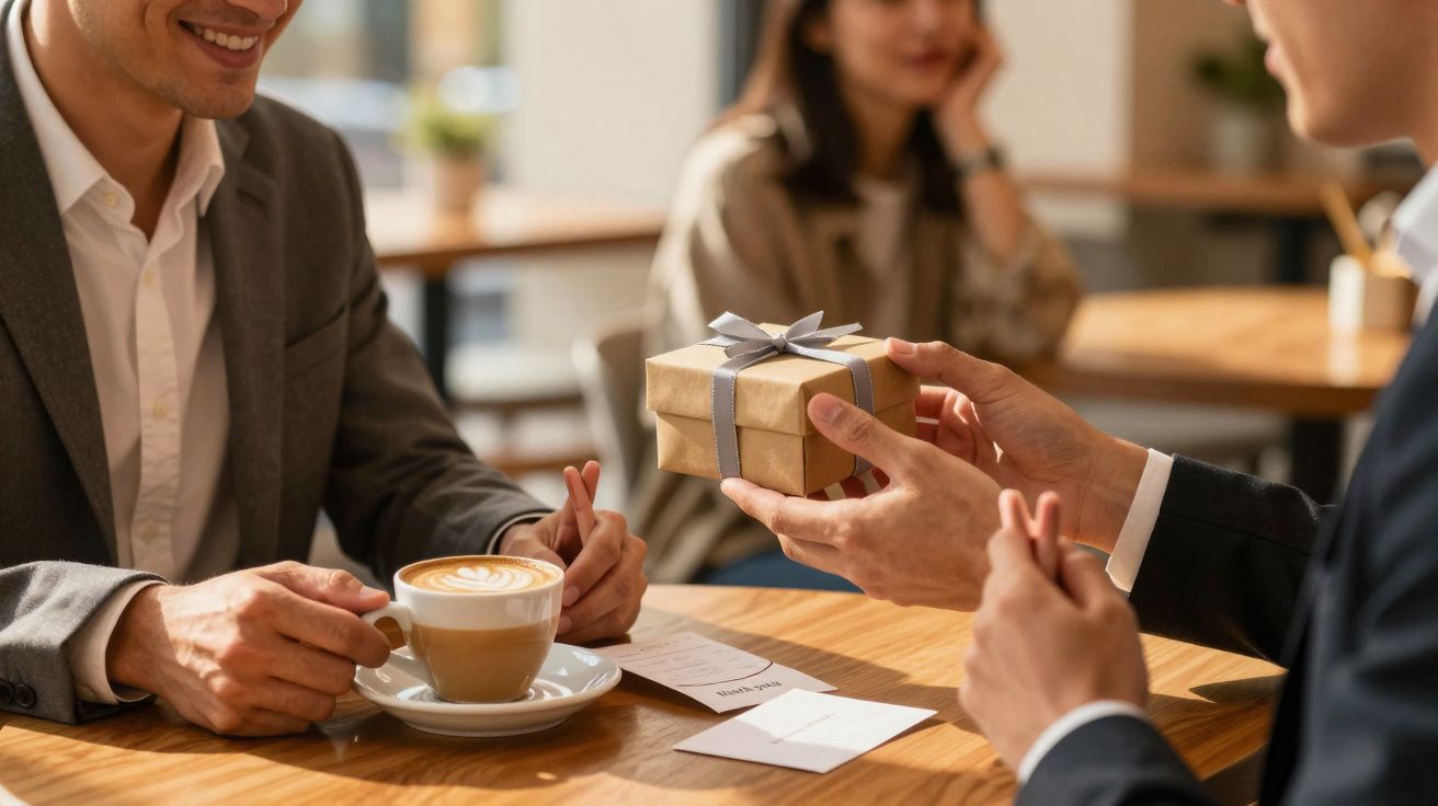 Dois homens trocando um presente num café, com uma mulher ao fundo sentada numa mesa.