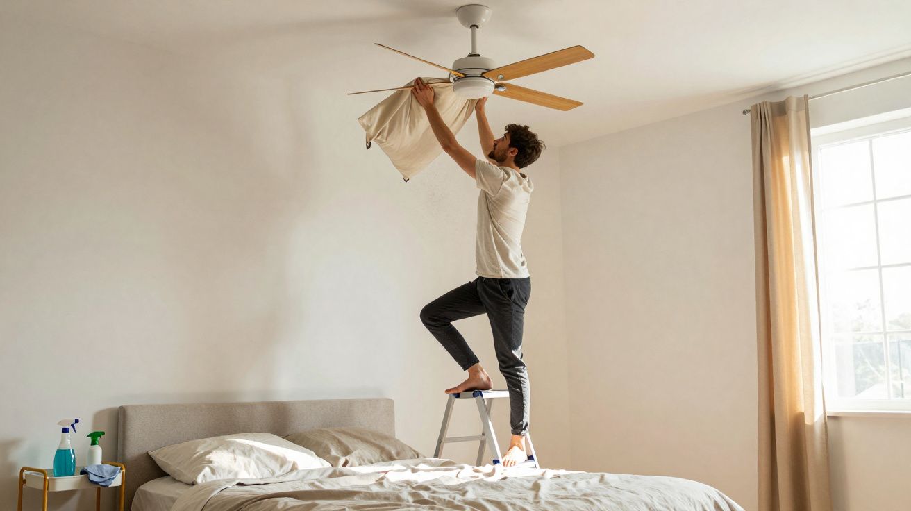 Homem descalço numa escada a limpar um ventilador de teto no quarto iluminado por luz natural.