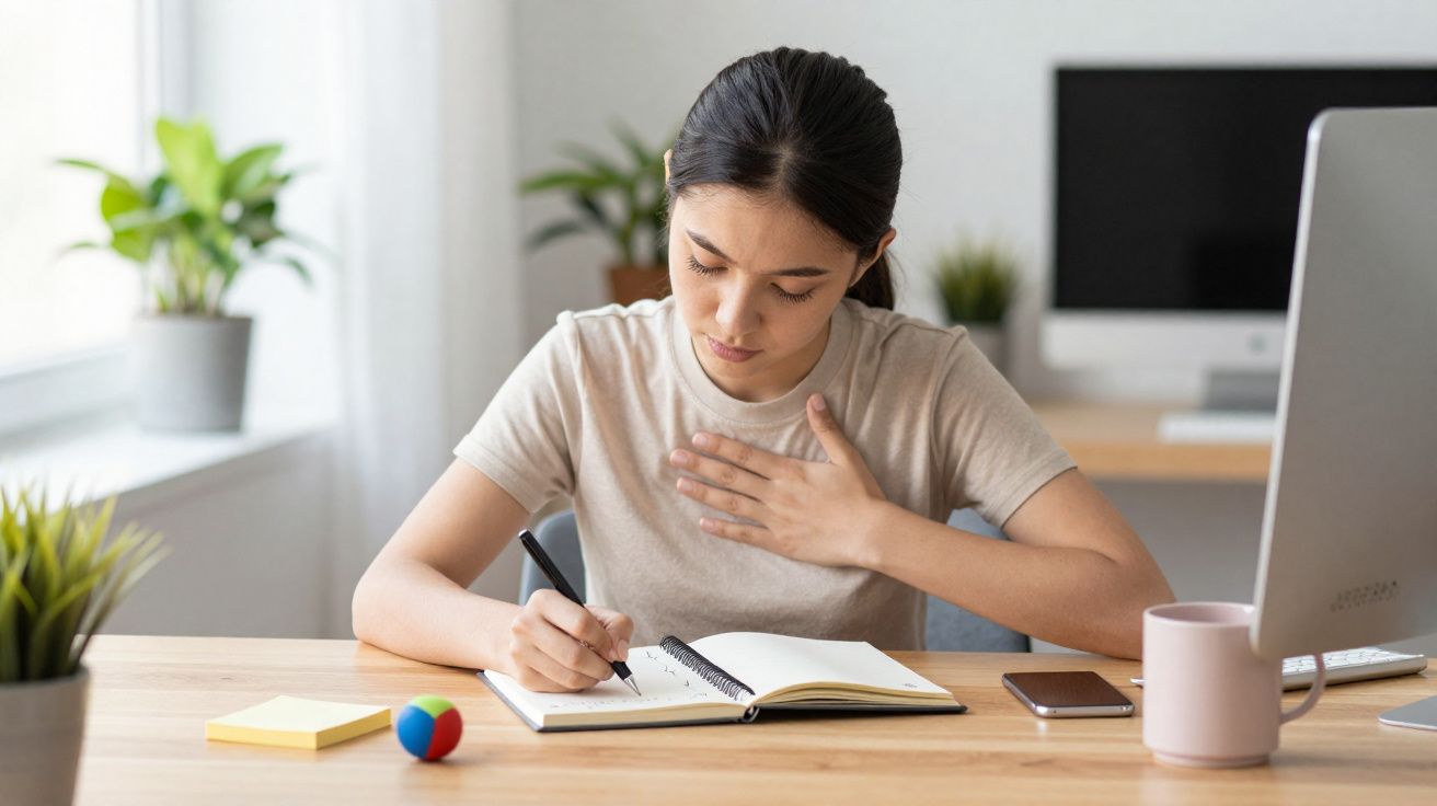 Mulher sentada numa secretária a escrever num caderno, com computador, telemóvel e plantas ao redor.