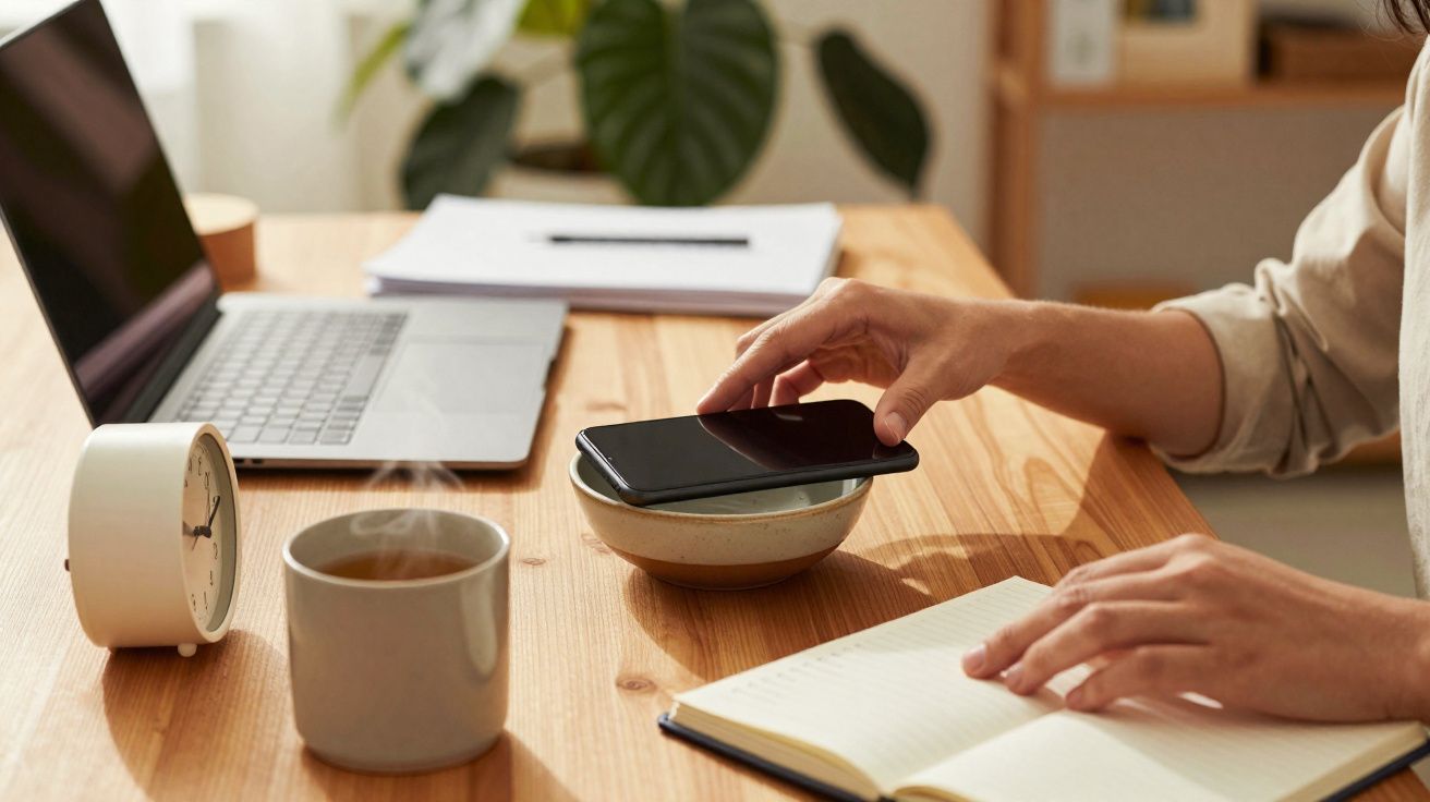 Pessoa a apoiar telemóvel em suporte improvisado com tigela, com café, relógio, portátil e caderno numa mesa de madeira.