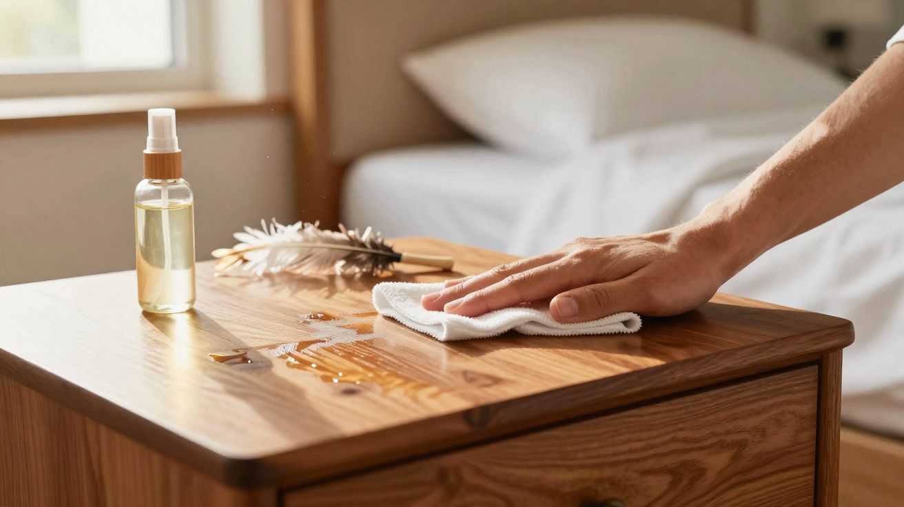 Mão a limpar líquido derramado numa mesa de madeira com um pano branco, perto de uma garrafa de spray.