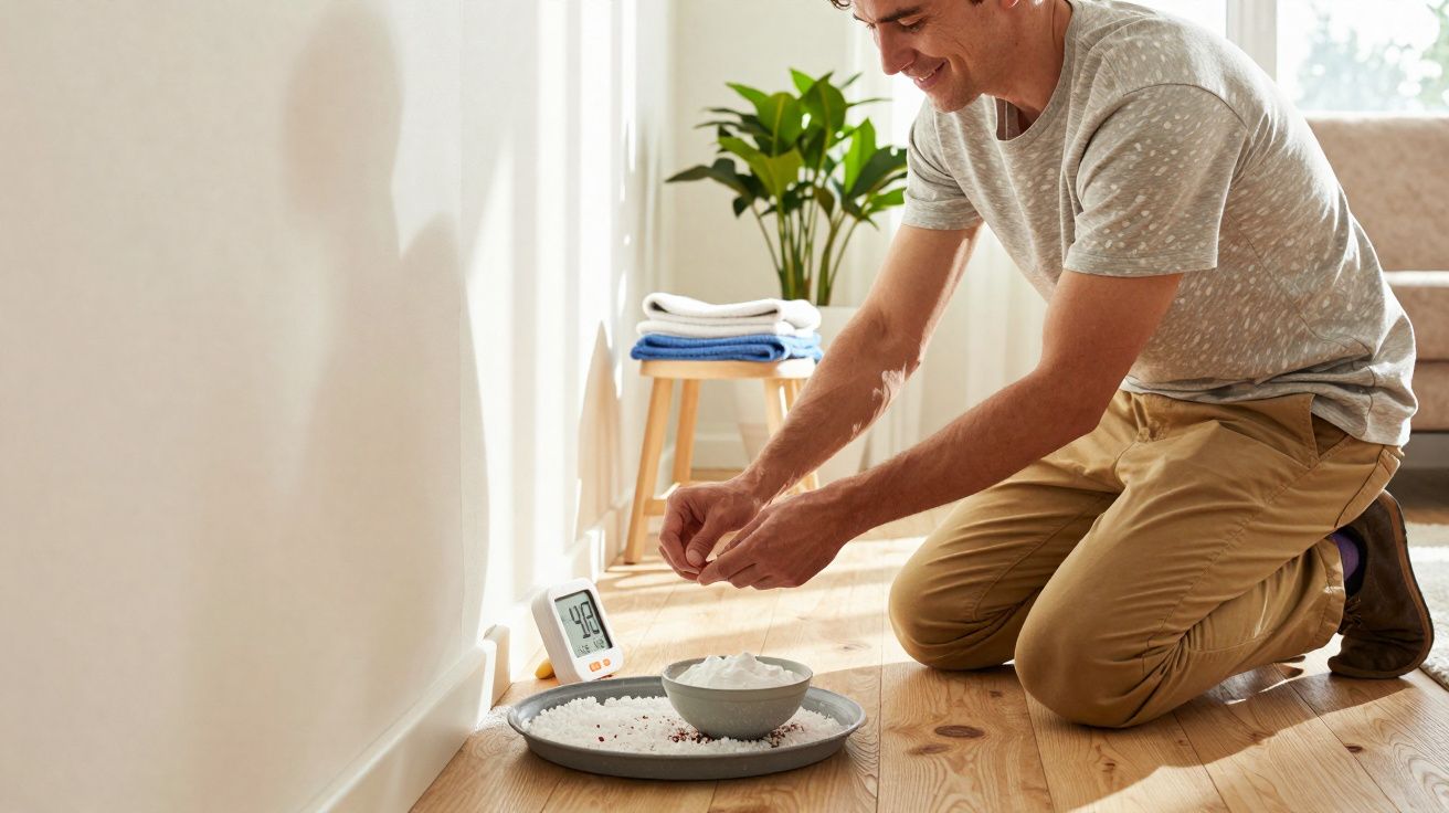 Homem ajoelhado a espalhar sais numa bandeja para desumidificar o ambiente interior de casa.