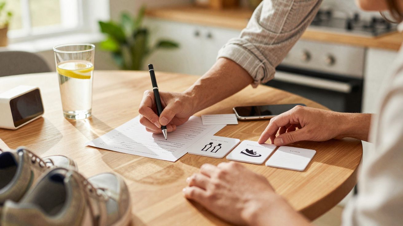 Pessoas a analisar cartões com desenhos e a escrever notas num papel sobre uma mesa de madeira.