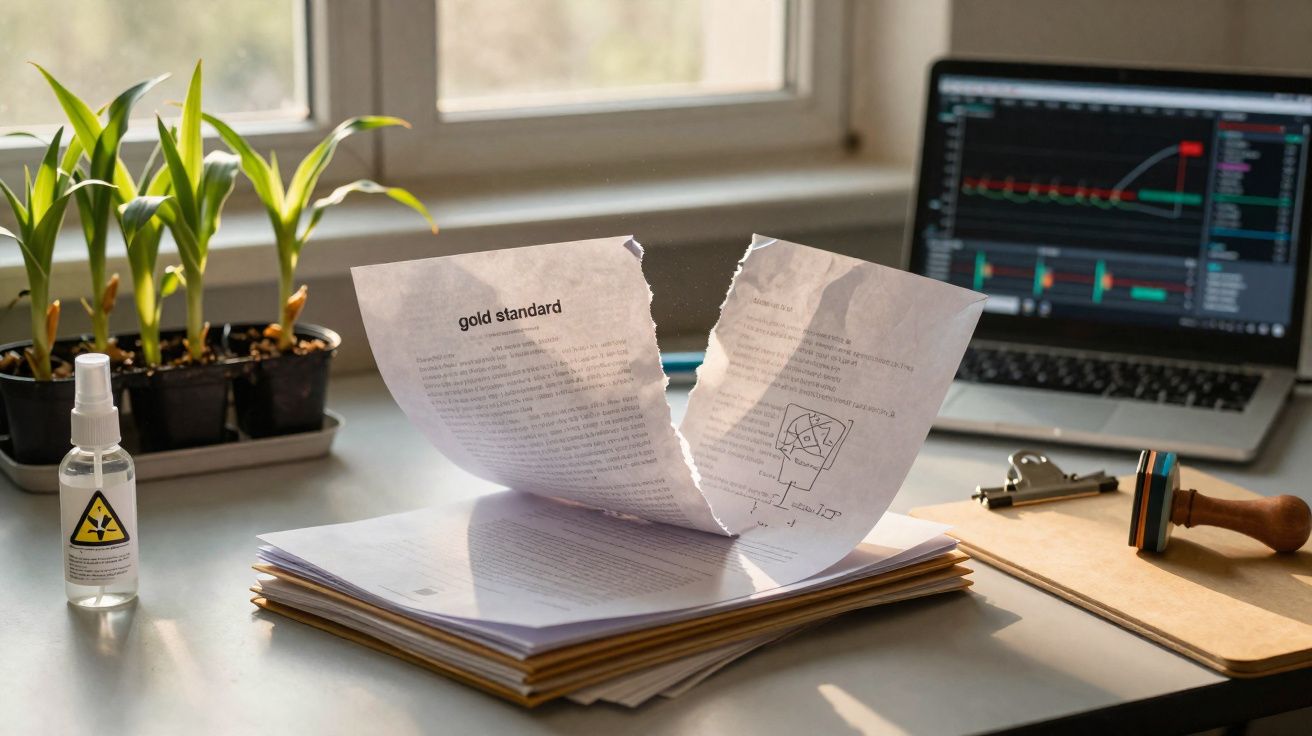 Pilha de documentos com uma folha rasgada, laptop com gráficos, plantas e frasco de spray numa mesa junto à janela.