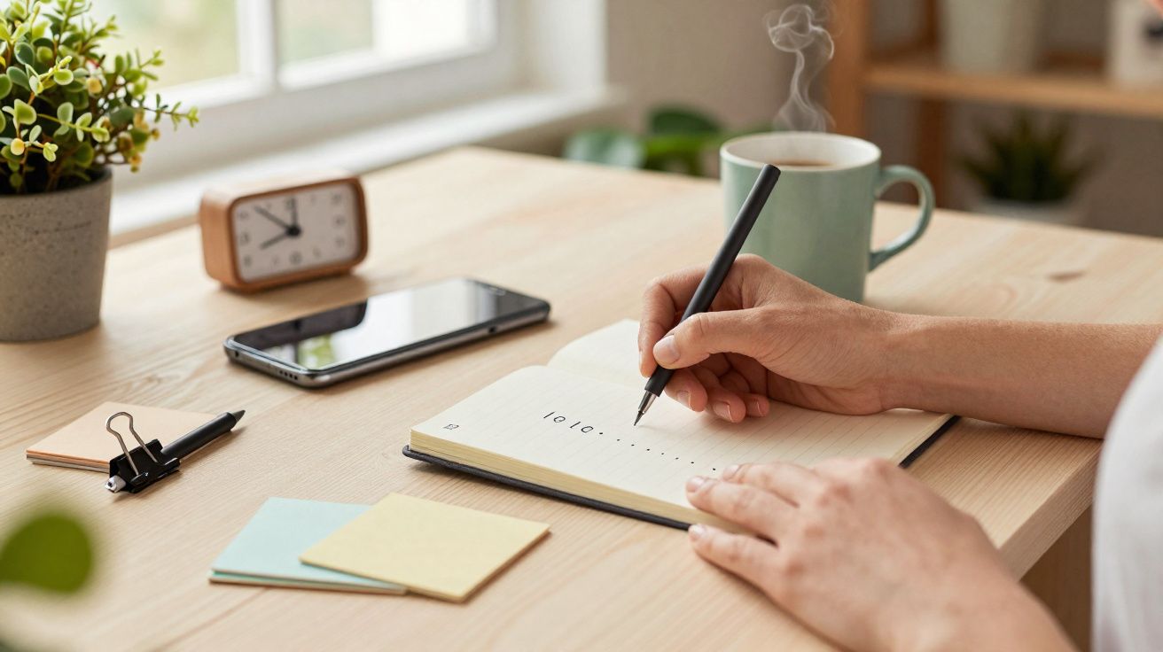 Pessoa a escrever num caderno numa secretária com telemóvel, relógio, chávena e planta junto à janela.