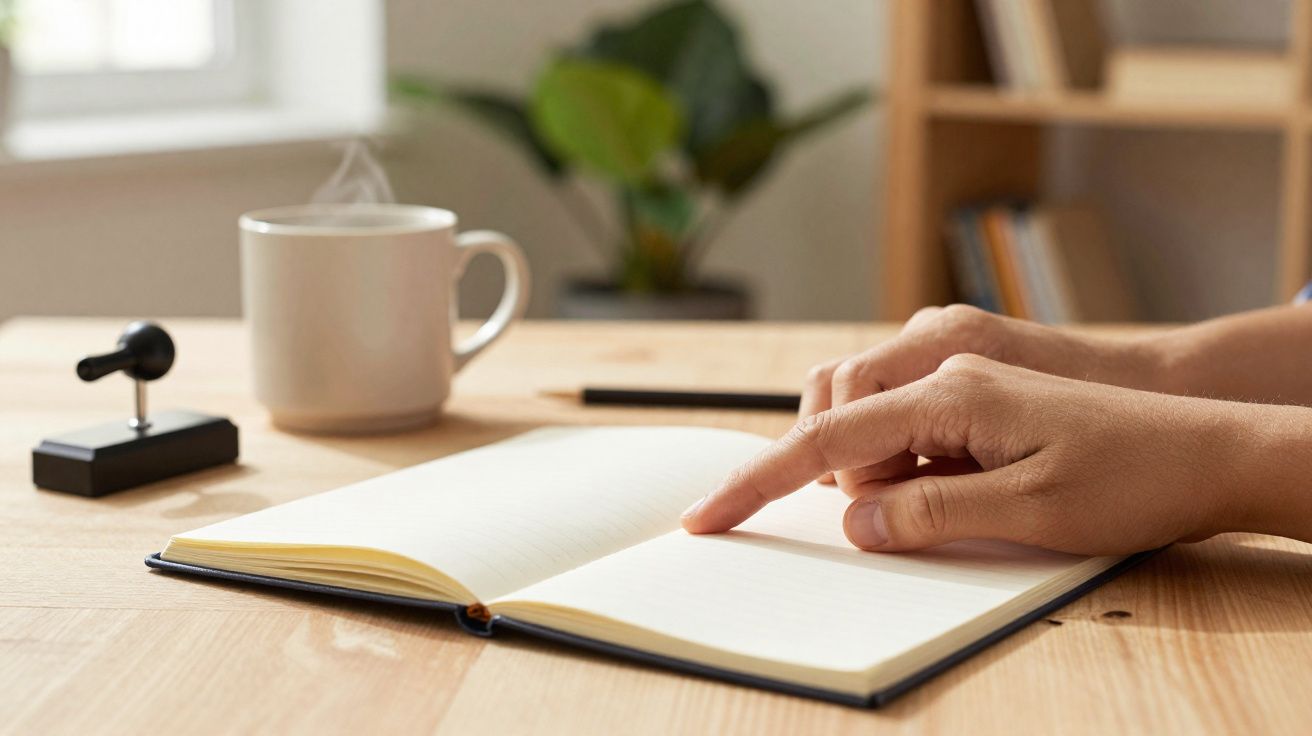 Mãos a apontar para uma página em branco de um diário aberto numa mesa com chá quente e carimbo.