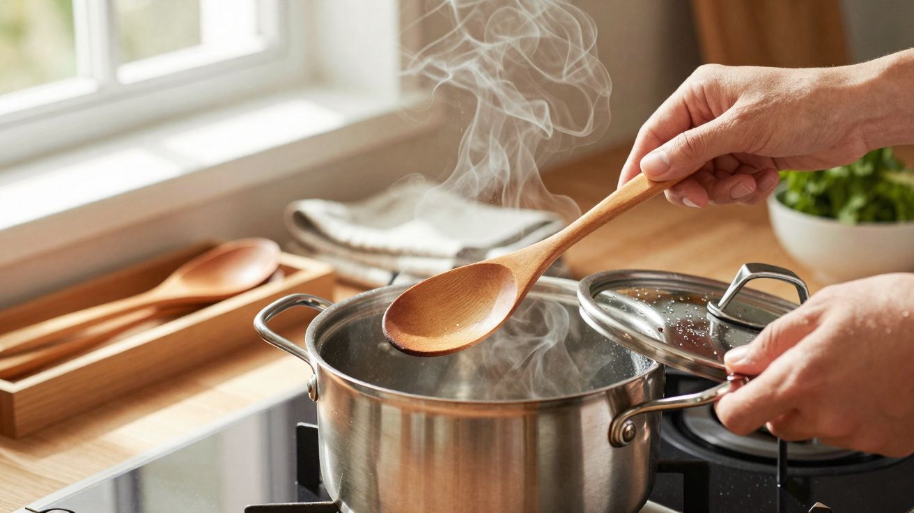 Mãos seguram tampa e concha de madeira sobre panela de inox a ferver com vapor na cozinha.