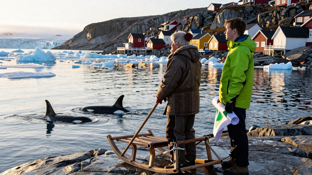 Duas pessoas observam orcas numa baía gelada junto a casas coloridas numa aldeia costeira.