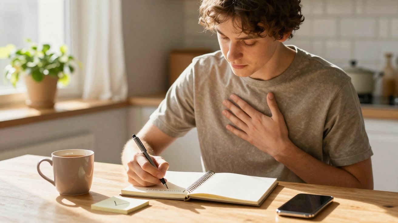 Jovem sentado à mesa a escrever num caderno com uma mão no peito, ao lado de uma caneca e um telemóvel.