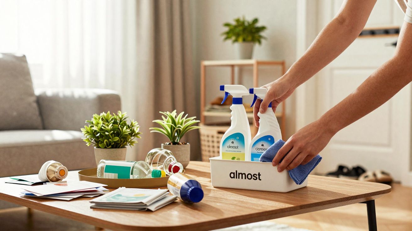 Mãos a arrumar produtos de limpeza numa caixa sobre uma mesa de madeira numa sala de estar iluminada.