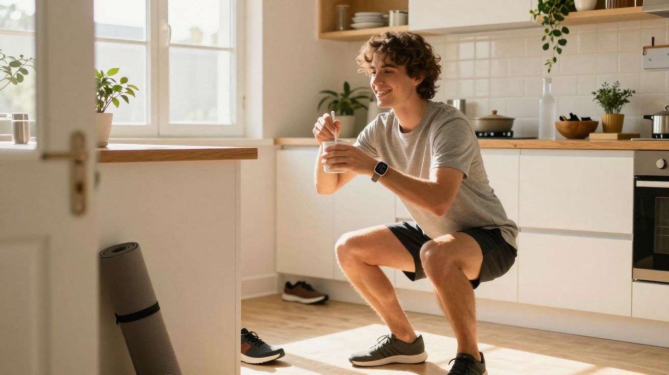 Jovem faz exercício de agachamento na cozinha, segurando um iogurte, sorrindo e com luz natural.