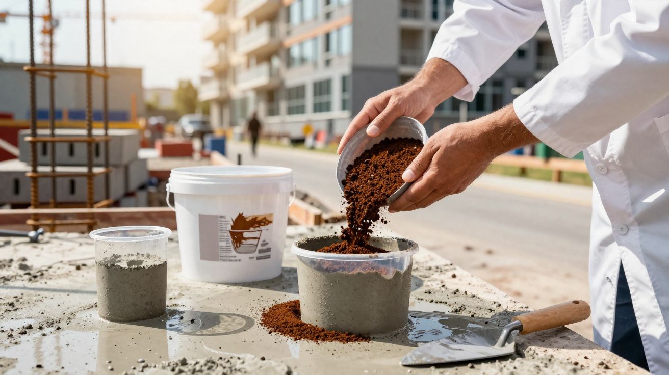 Pessoa a deitar terra num recipiente com cimento numa obra urbana em dia soalheiro.