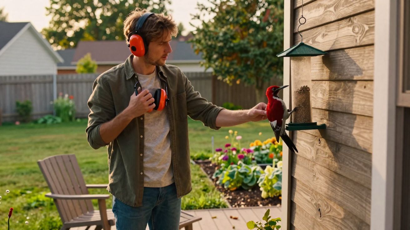 Homem com protetor auricular alimenta um pica-pau vermelho numa casa de madeira no jardim.