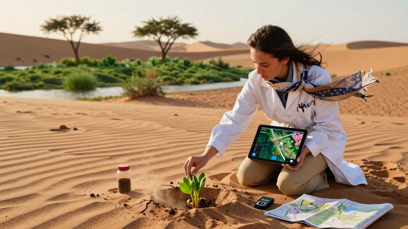 Mulher com bata branca planta uma muda no deserto, segurando tablet com mapa digital e mapas no chão.