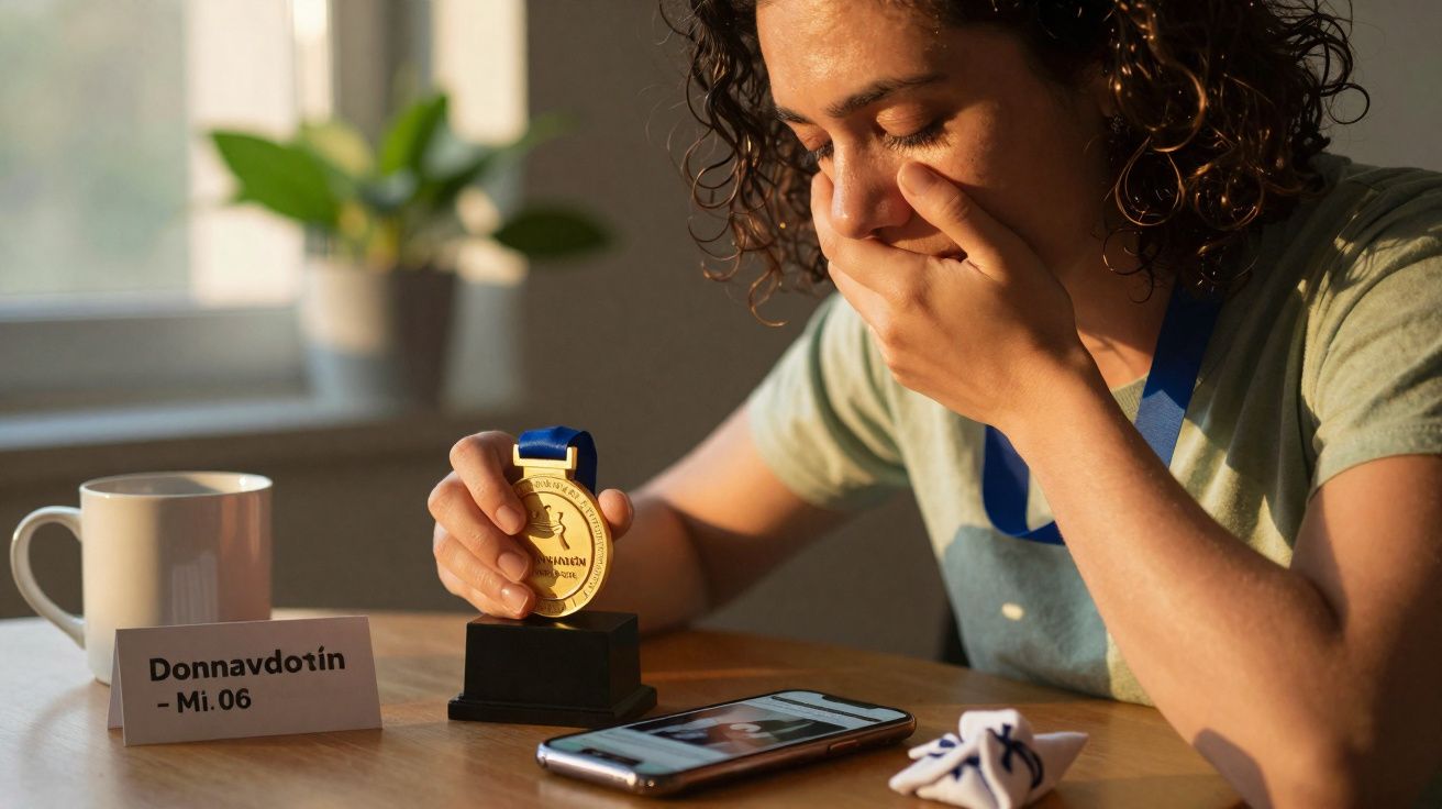 Mulher emocionada segurando medalha dourada enquanto olha para foto num telemóvel em mesa com caneca.
