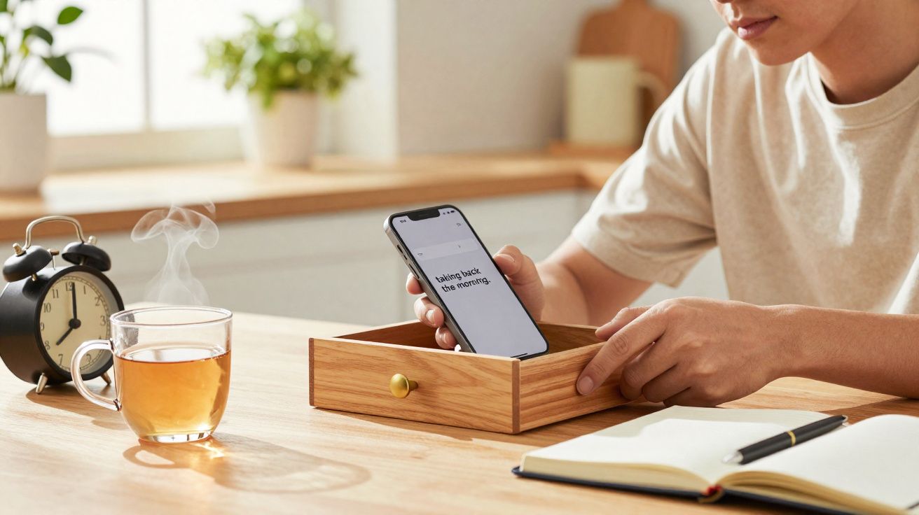 Pessoa a guardar telemóvel numa gaveta com chá quente, despertador e caderno numa mesa de madeira clara.