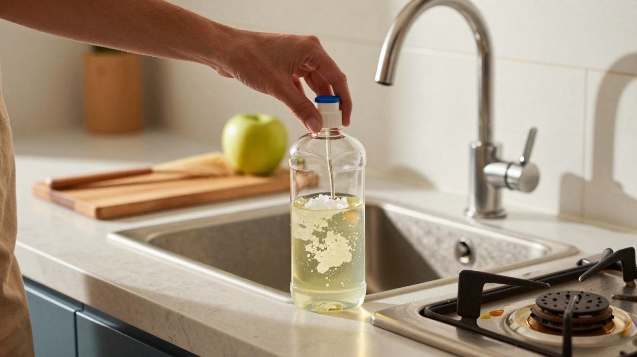 Mão a pressionar garrafa de detergente líquido junto à pia moderna na cozinha com maçã verde ao fundo.