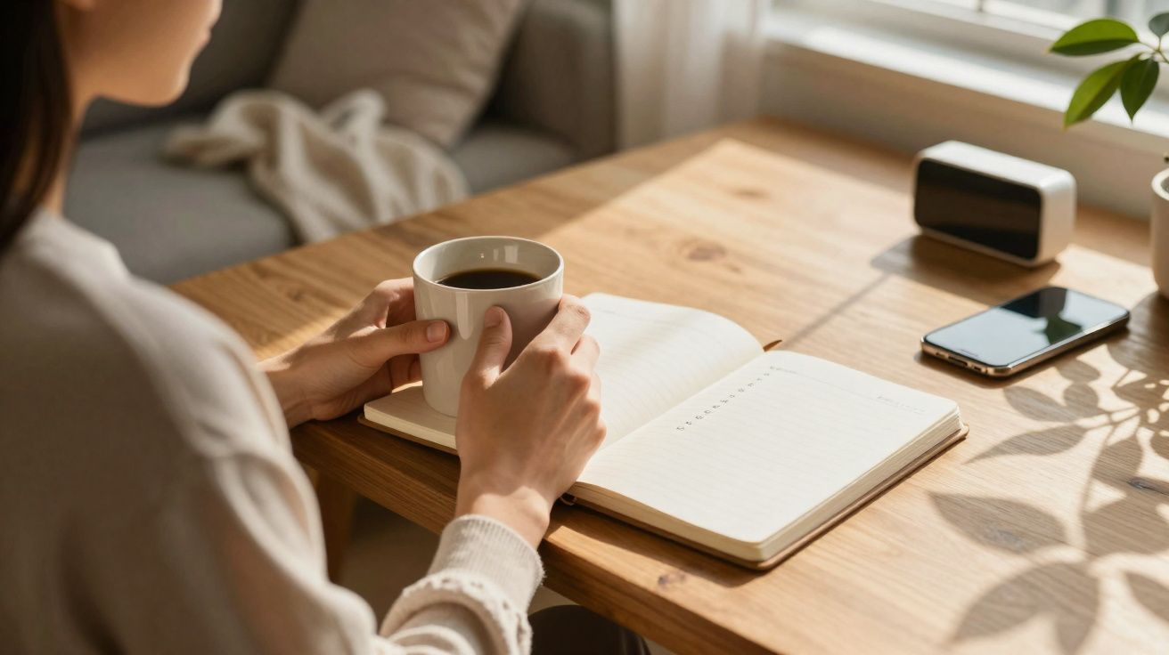 Pessoa a segurar uma chávena de café junto a um caderno aberto numa mesa de madeira iluminada pelo sol.