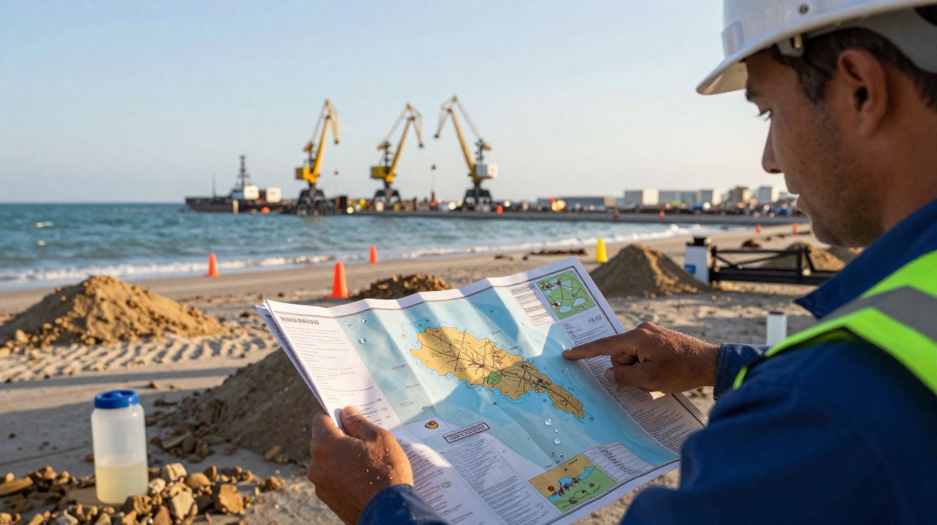 Homem com capacete e colete a analisar mapa numa praia com equipamento portuário ao fundo.