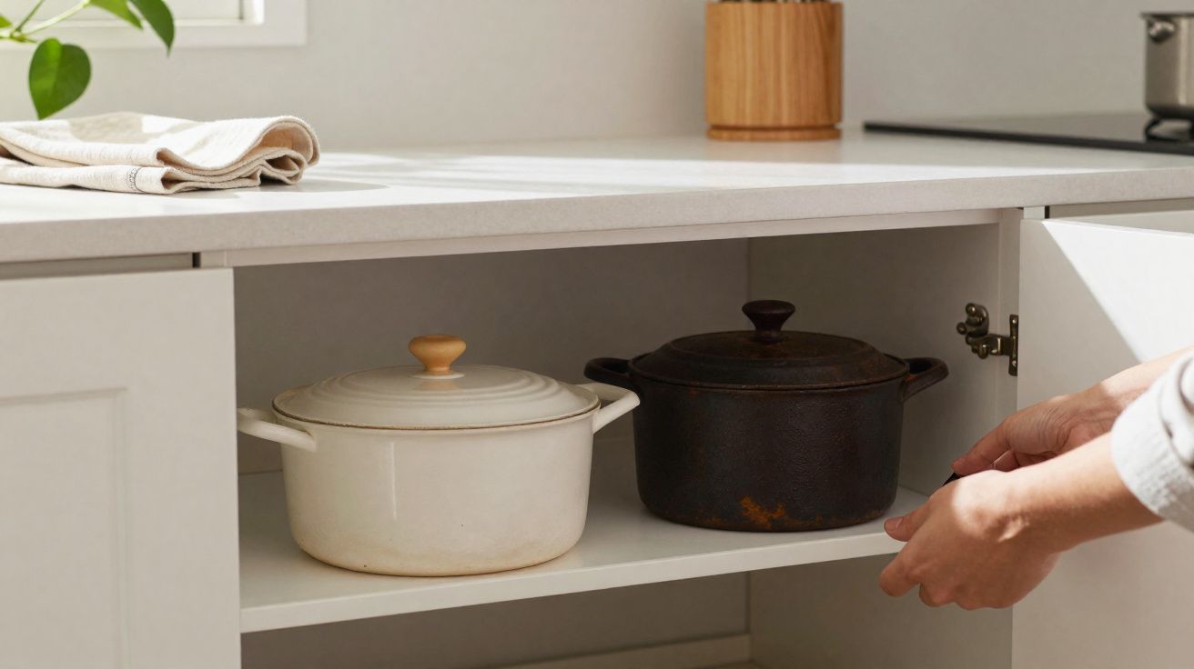 Interior de armário de cozinha com duas panelas de ferro fundido, uma branca e outra preta, e mãos a fechar a porta.