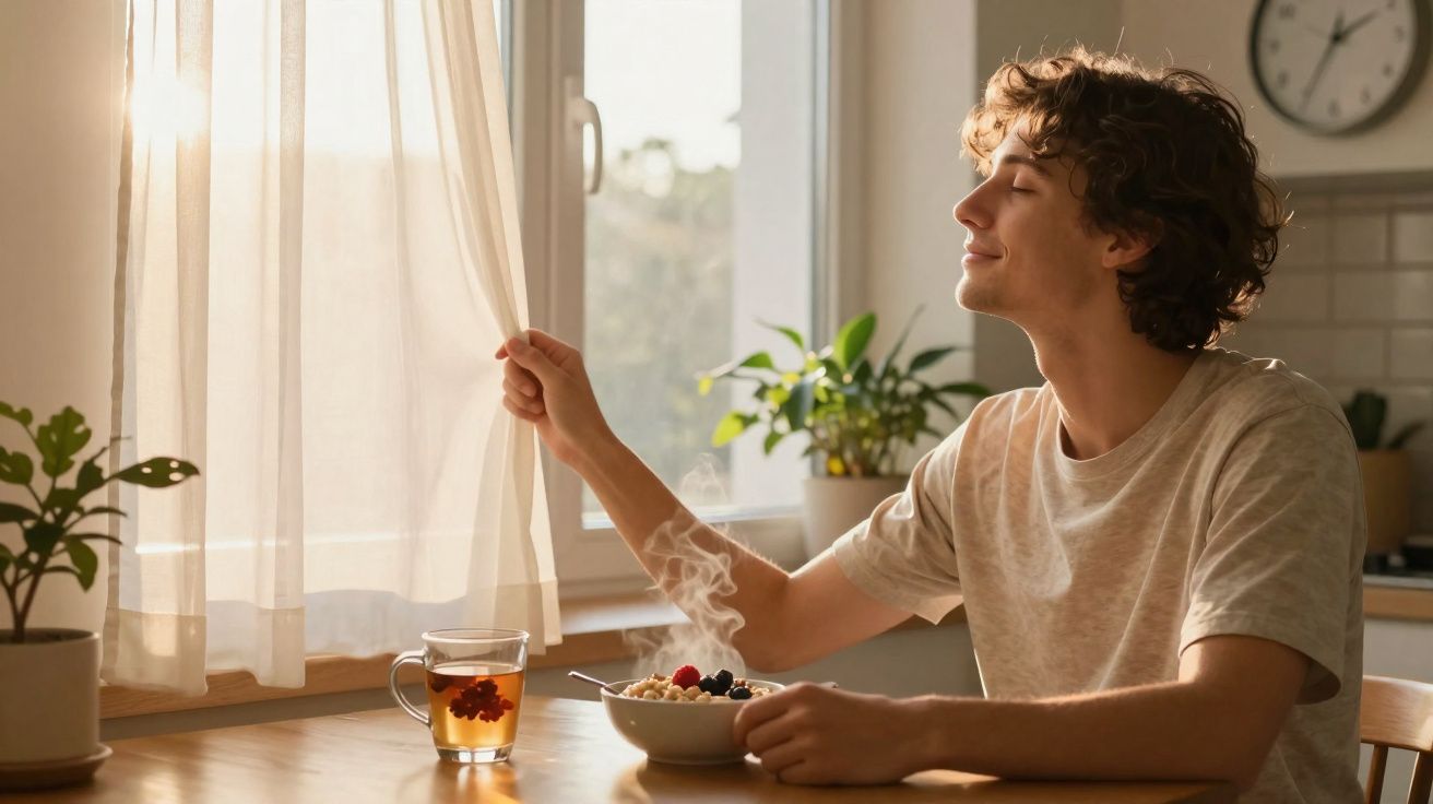 Jovem sentado à mesa da cozinha a abrir a cortina e a saborear pequeno-almoço com chá e fruta.