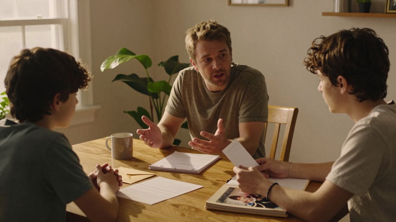 Homem conversa com dois jovens sentados à mesa com cadernos e papéis em sala iluminada.
