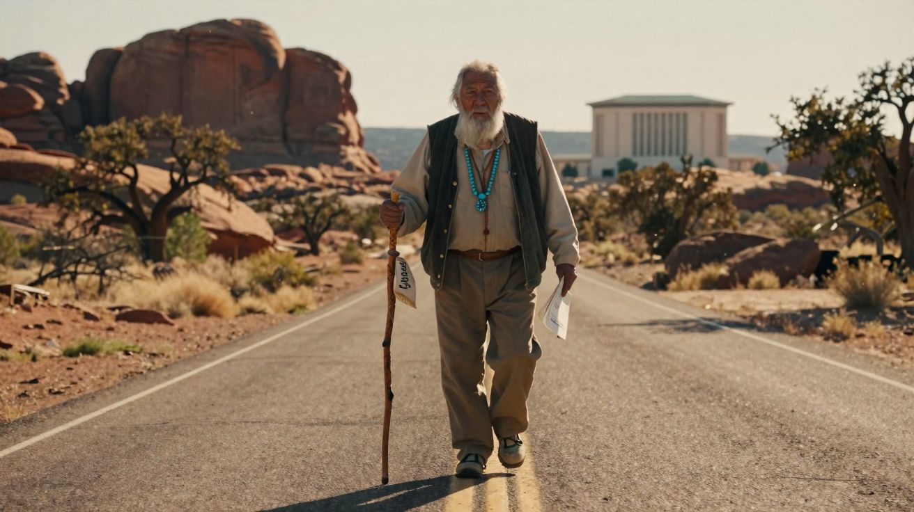 Homem idoso com bastão e papel caminha no meio de estrada deserta com rochas e árvores secas ao fundo.