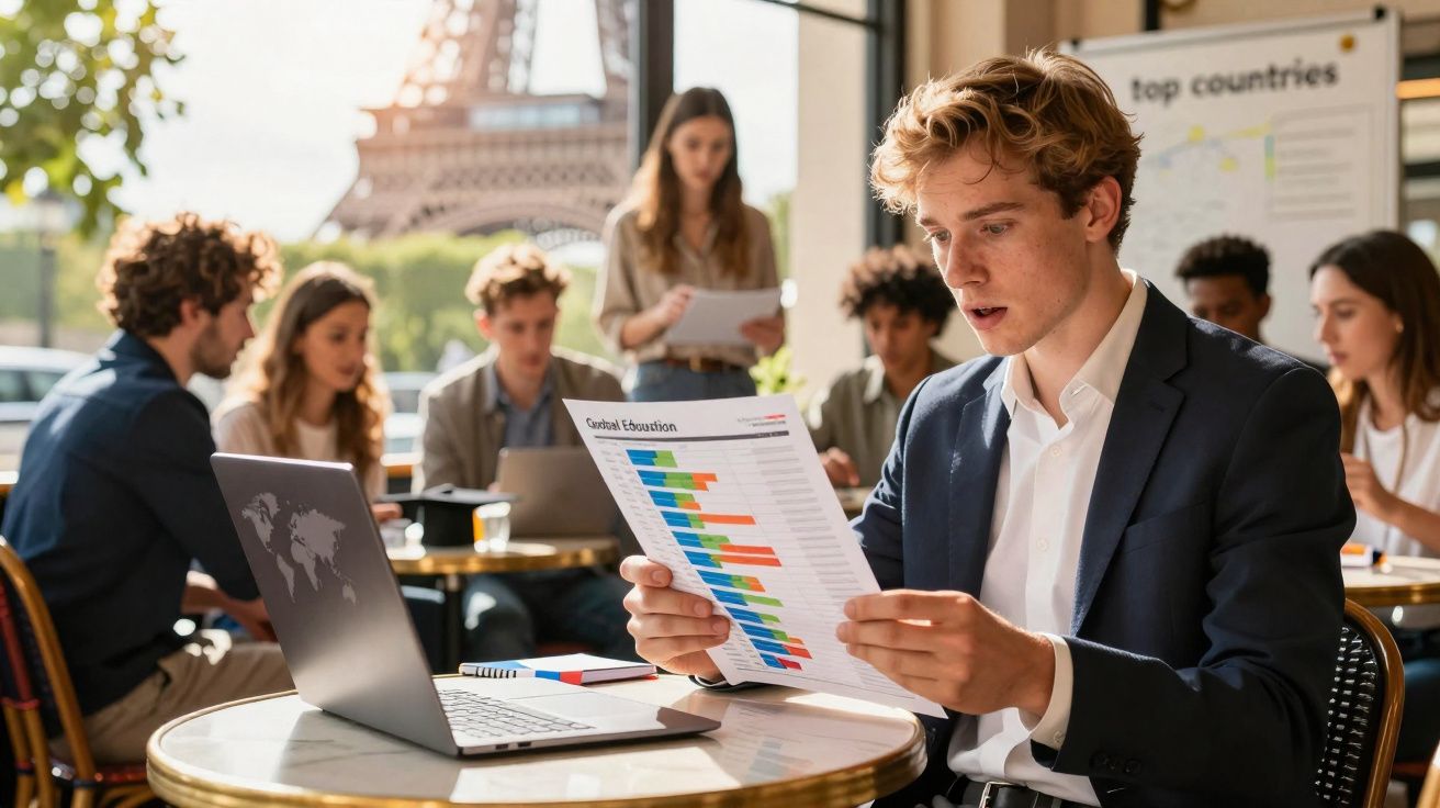 Homem de negócio jovem a analisar gráfico colorido num documento, rodeado por colegas em ambiente de trabalho.