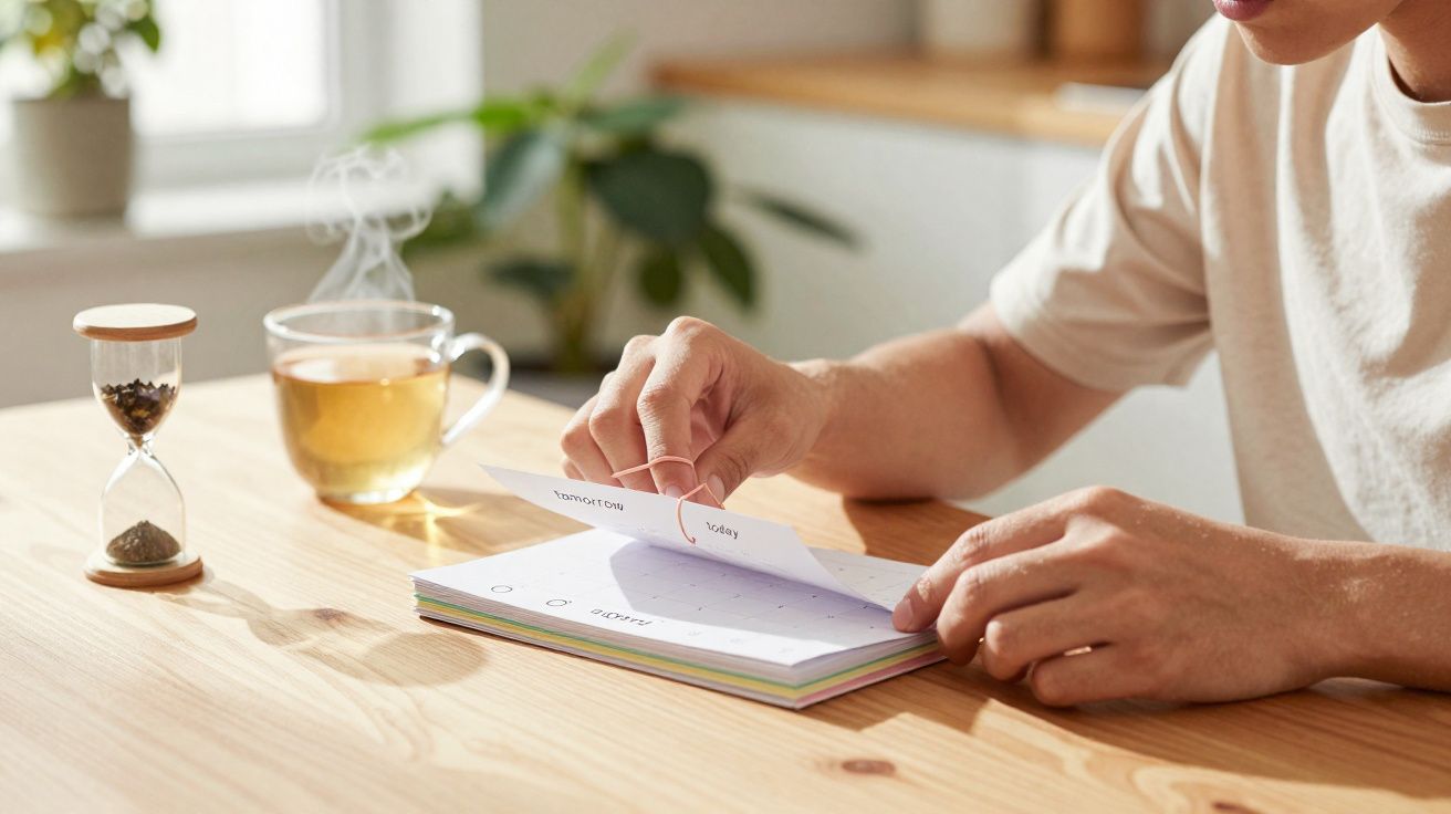 Pessoa a folhear planner diário numa mesa com chá quente e ampulheta de areia.