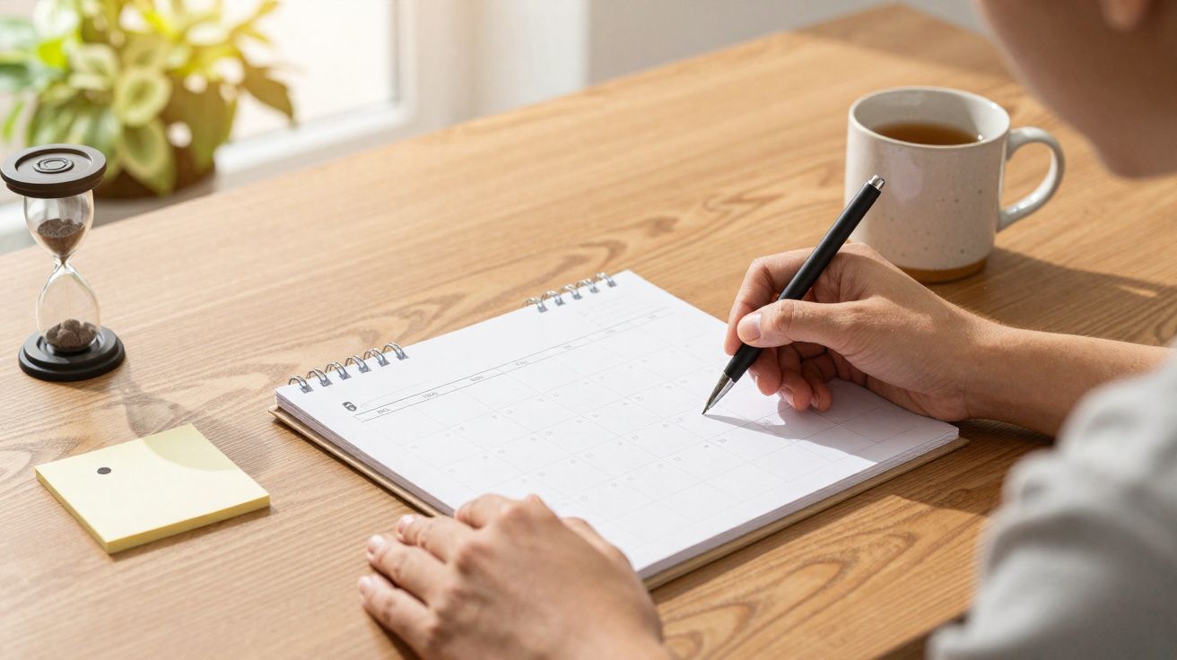 Pessoa a escrever num calendário de secretária com caneca de chá ao lado numa mesa de madeira.