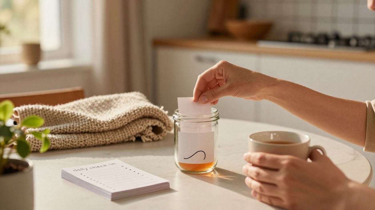 Mãos a colocar bilhete num frasco com líquido, sobre mesa com chá, bloco de notas e manta.