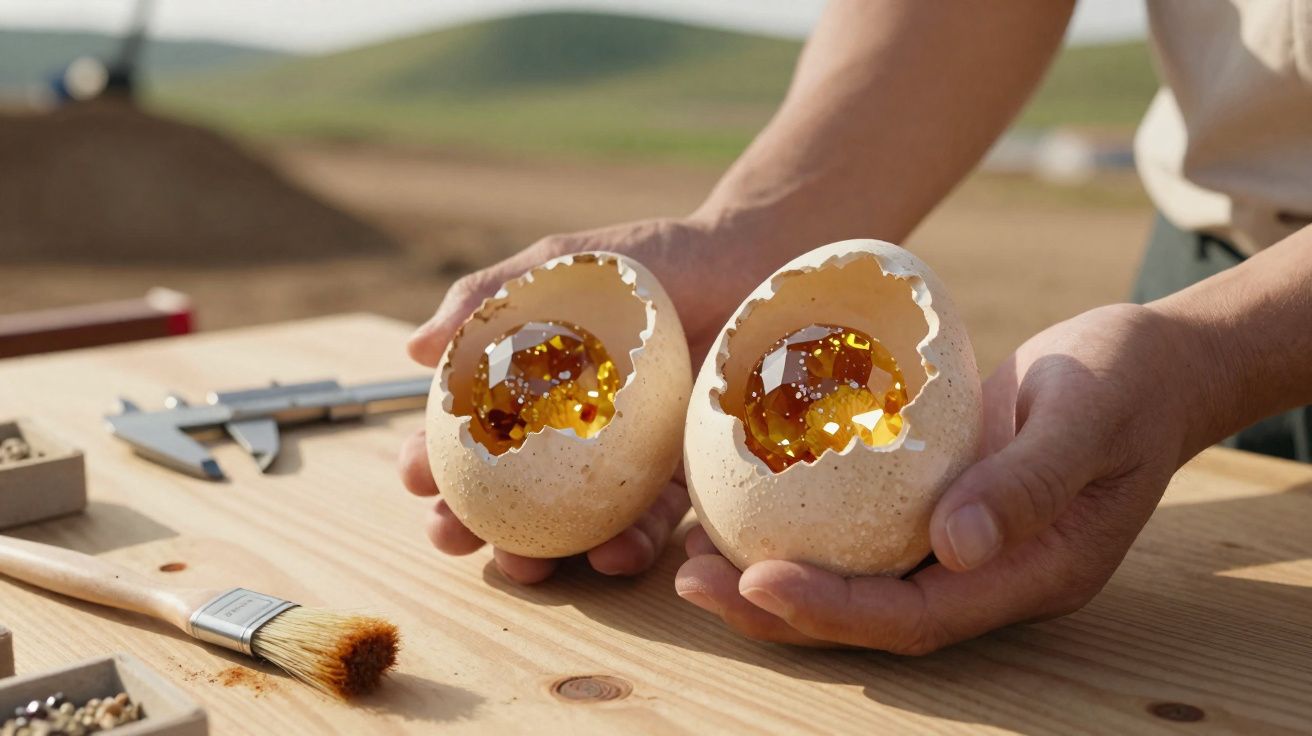 Mãos seguram duas cascas de ovos com cristais âmbar brilhantes dentro, sobre mesa de madeira ao ar livre.