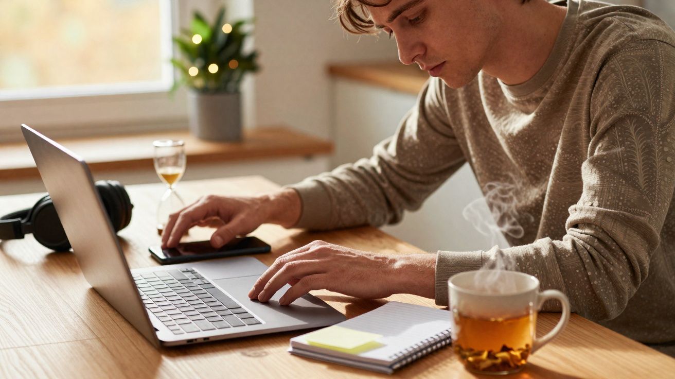 Jovem a trabalhar num portátil com chá quente, bloco de notas e auscultadores numa mesa de madeira.