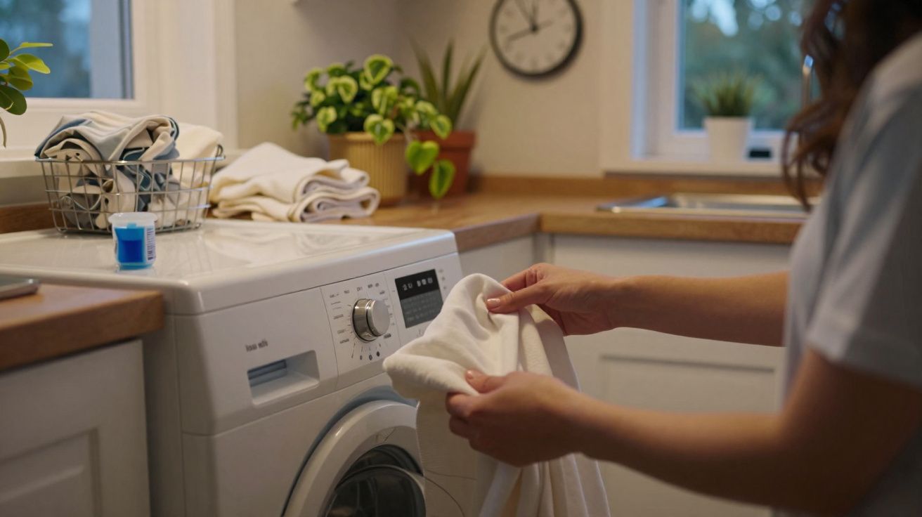 Pessoa a retirar roupa branca da máquina de lavar roupa numa lavandaria doméstica.
