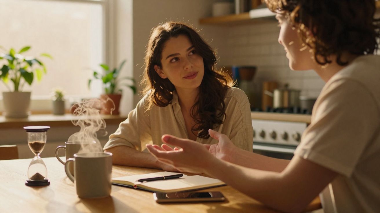 Duas pessoas conversam sentadas à mesa da cozinha com canecas e caderno, em ambiente acolhedor e iluminado.