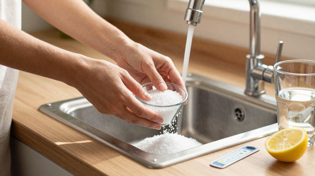 Pessoa a despejar sal grosso numa pia de cozinha com torneira aberta, limão, copo de água e termómetro.