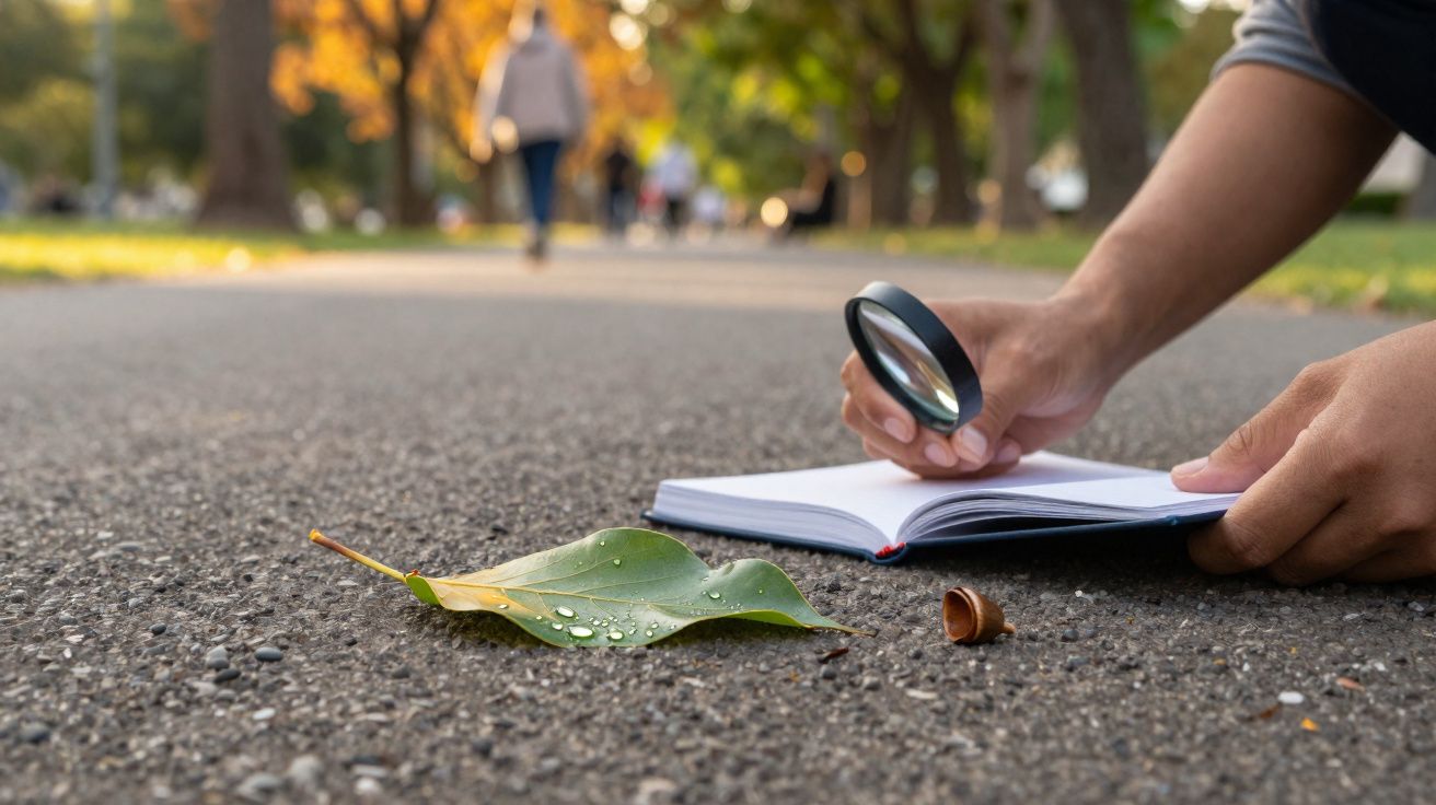 Pessoa analisa folha com gotas de água e bolota no chão usando lupa e caderno num parque.