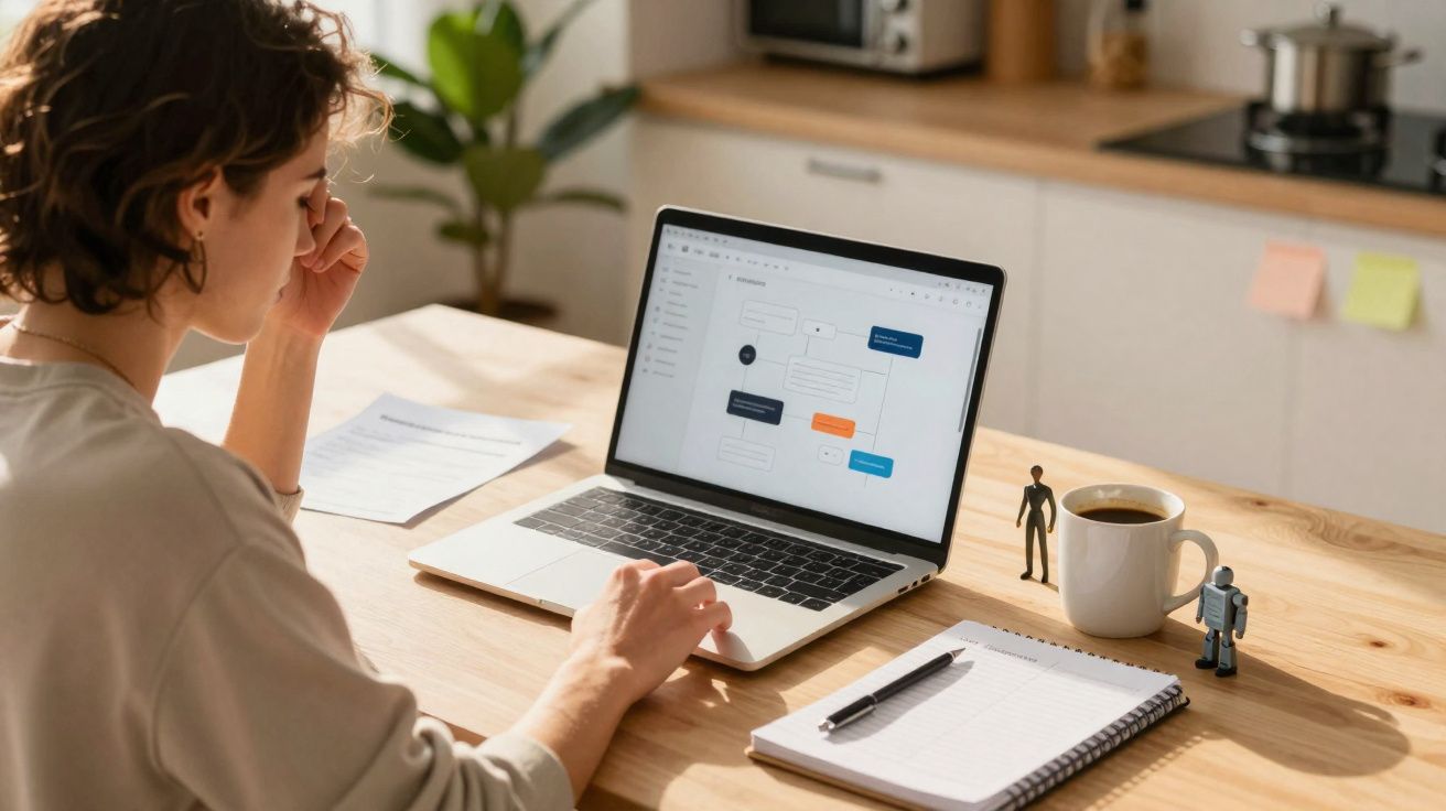 Pessoa a trabalhar num computador portátil numa cozinha, com caderno aberto, caneta, chávena de café e duas miniaturas na mes