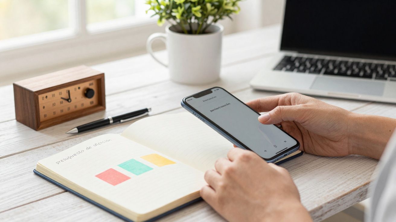 Pessoa a usar smartphone junto a caderno com gráficos, caneta, despertador e laptop numa secretária iluminada.