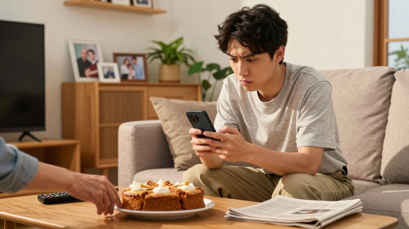 Jovem sentado no sofá com olhar concentrado no telemóvel e fatias de bolo sobre a mesa de madeira.