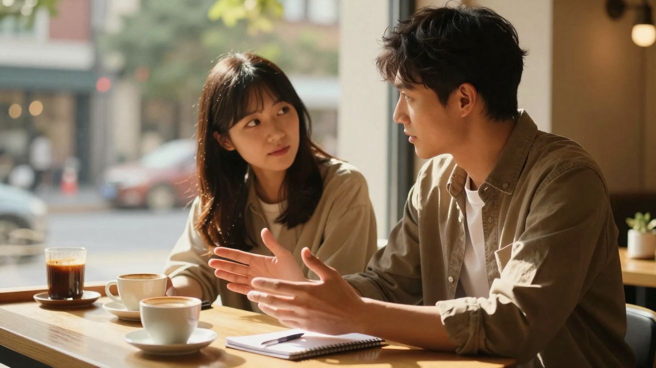 Dois jovens sentados num café, conversando e com bebidas à frente numa mesa junto à janela.